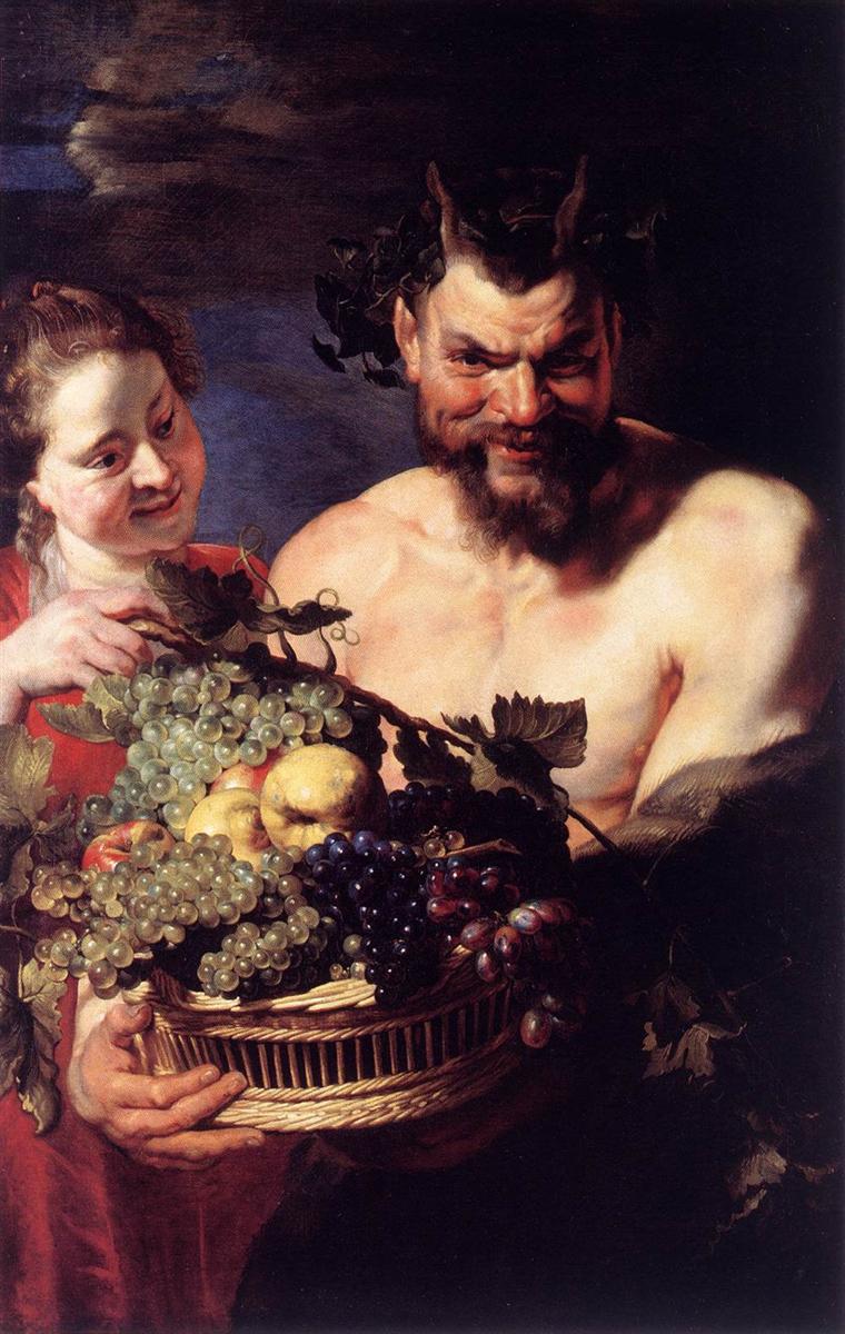 Vine-crowned satyr grins as he thrusts a wicker basket brimming with grapes and apples toward the viewer; a smiling girl in a coral dress leans in, touching a vine sprig, while warm light glazes the fruit against a dark, stormy sky.