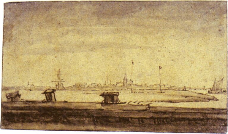 Panoramic pen-and-wash landscape with a dark dike in the foreground, pale water beyond, and the low skyline of Schellingwoude marked by windmill, church spire, and flagpoles under a wide luminous sky.
