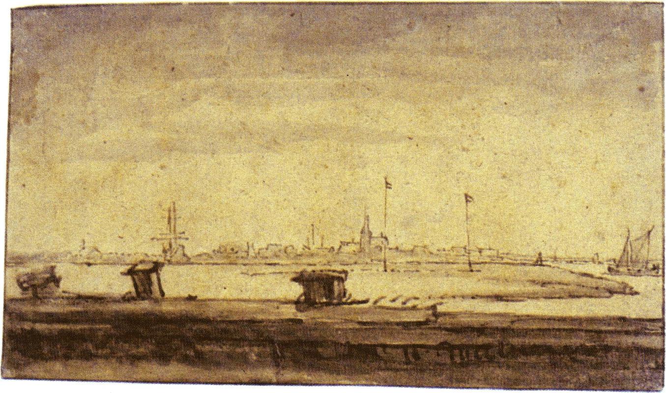 Panoramic pen-and-wash landscape with a dark dike in the foreground, pale water beyond, and the low skyline of Schellingwoude marked by windmill, church spire, and flagpoles under a wide luminous sky.