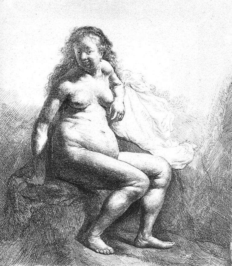 Rembrandt’s 1631 etching of a seated nude woman on a rocky ledge, lit from the left, with loose hair and drapery behind her; etched hatchings model the rounded belly, thighs, and soft shadows, creating a candid and tactile study of the body in light.