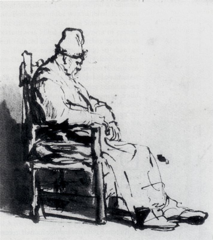 Ink drawing of an elderly man in profile seated in a wooden chair, head bowed beneath a soft cap, robe flowing to his sandals, strong shadows under the chair, and wide areas of blank paper creating a calm, contemplative scene.