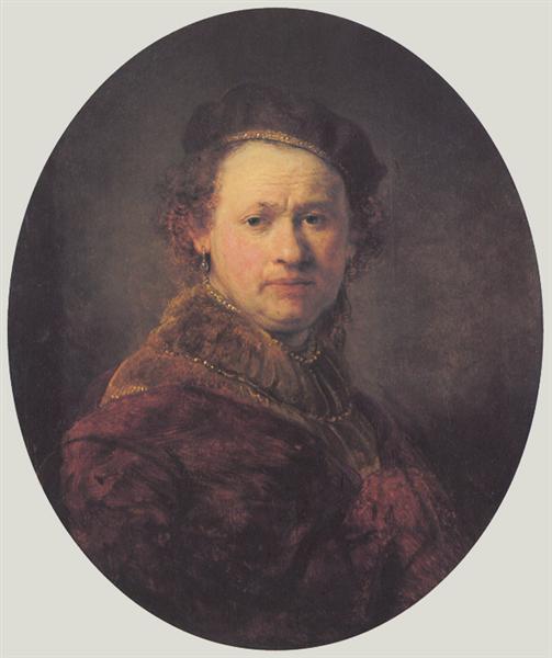 Rembrandt’s 1645 oval self-portrait shows the artist in a dark beret and rich red-brown cloak, warmly lit from the left, his steady gaze emerging from soft shadow as textured brushwork gleams on fabric and skin.