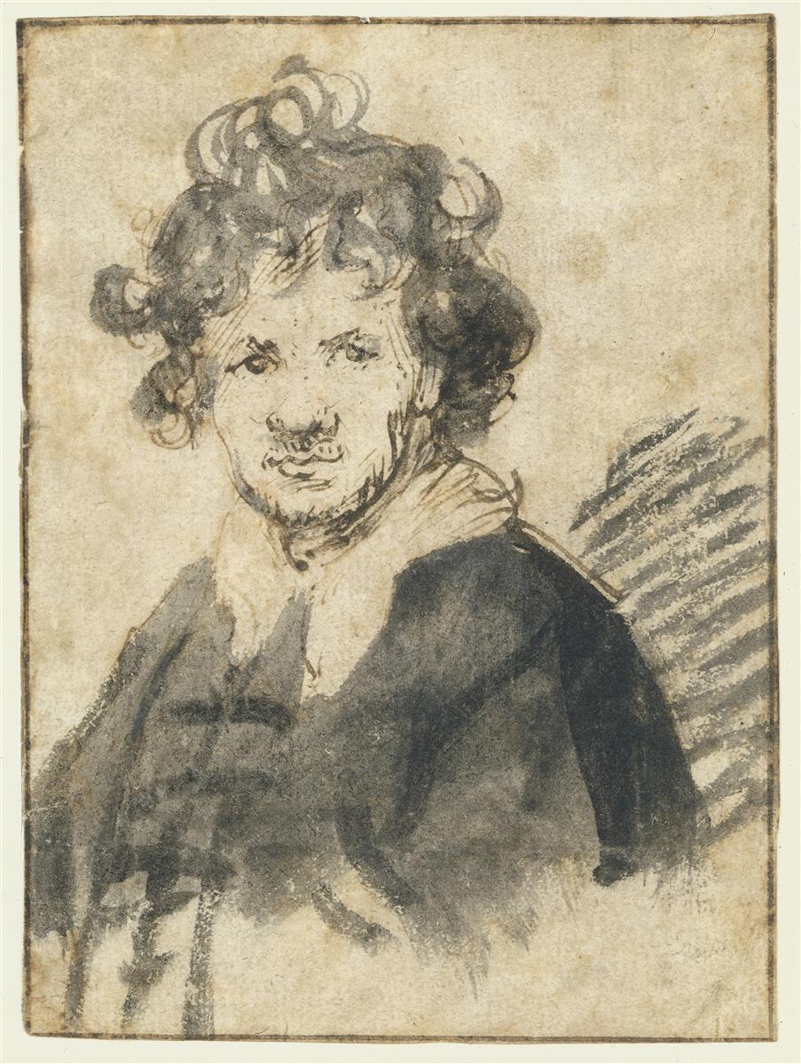 A small ink-and-wash self-portrait of a young Rembrandt in three-quarter view with tousled curls, bright collar, dark cloak, and hatched shadowed background, rendered in loose expressive strokes.