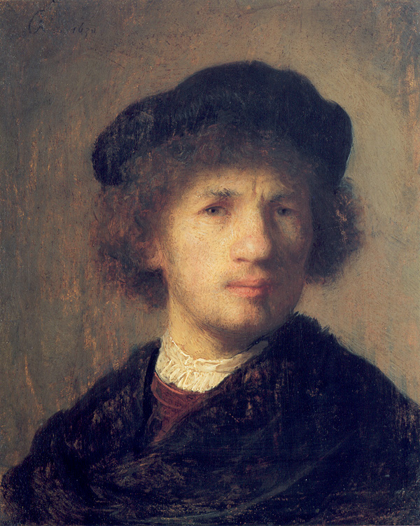Bust-length self-portrait of a young Rembrandt wearing a dark beret and mantle; raking light illuminates his turned face and white collar against a quiet, neutral background, revealing subtle textures of skin and paint.