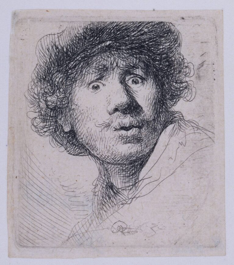 Small etching of a young Rembrandt seen close up with wide eyes and puckered lips, wearing a cap; rapid curls and cross-hatching surround bright paper highlights so the head thrusts forward against a mostly blank background.
