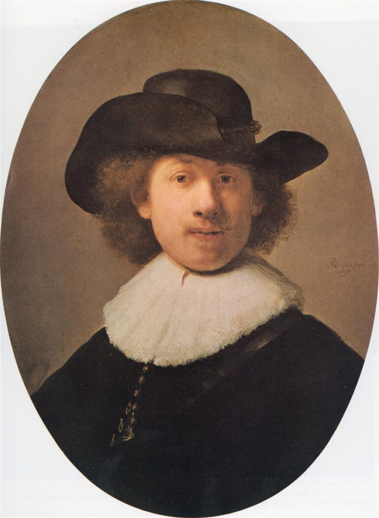 Oval self-portrait of young Rembrandt wearing a wide-brimmed black hat and white ruff, softly lit against a neutral ground, with a short gold chain on his dark coat and an alert, candid expression.