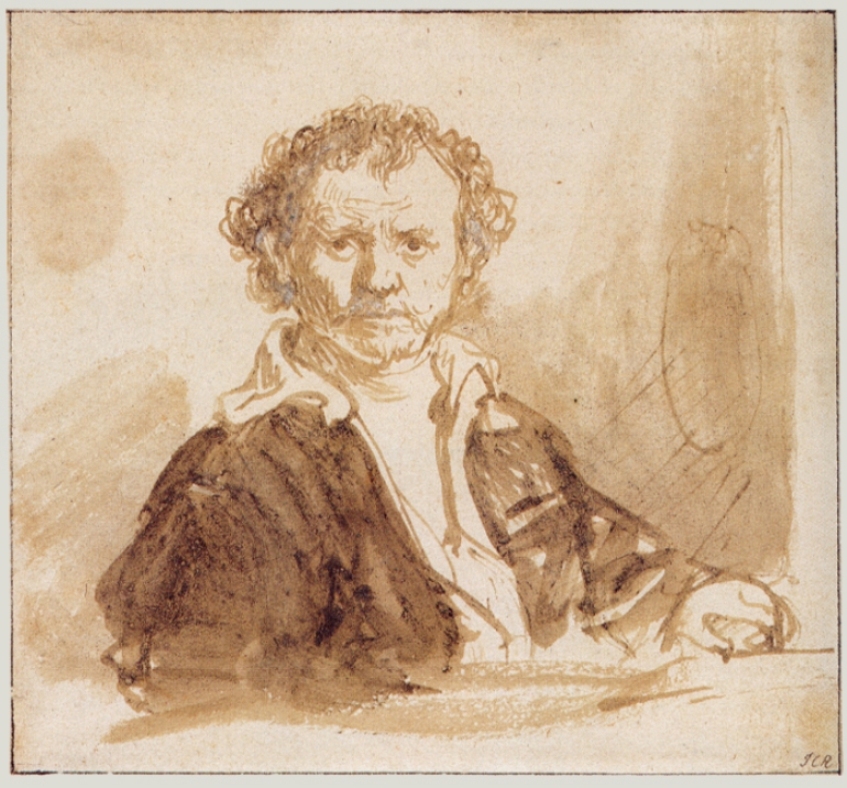 Brown ink and wash drawing of Rembrandt seated at a ledge, head turned front with a direct stare, curly hair and simple open collar, broad sleeves rendered in loose strokes, and a softly washed studio background that leaves much of the paper bright.