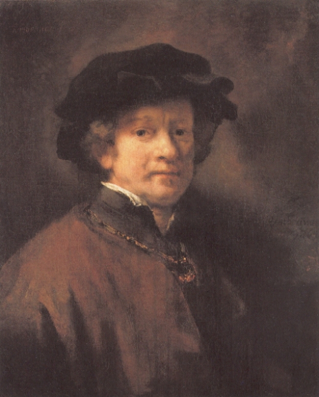Three-quarter self-portrait by Rembrandt: the artist wears a dark cap and reddish mantle, his softly lit face turned toward the viewer against a warm brown background, painted with subtle highlights and painterly edges.