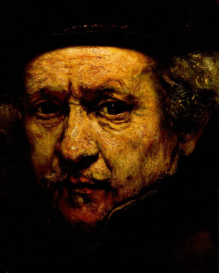 Close-up of Rembrandt’s face under a dark cap, illuminated from the left; thick, textured paint forms furrowed brow, deep-set eyes, and a firm mouth, with the surrounding background falling into warm brown-black shadow.