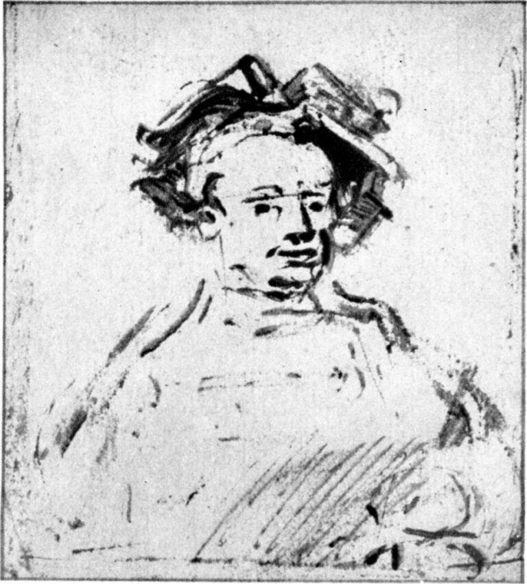Minimal 1659 Rembrandt self-portrait drawing: frontal head under a loosely indicated hat, facial features defined by a few dark lines, and a softly sketched torso fading into the white of the paper.