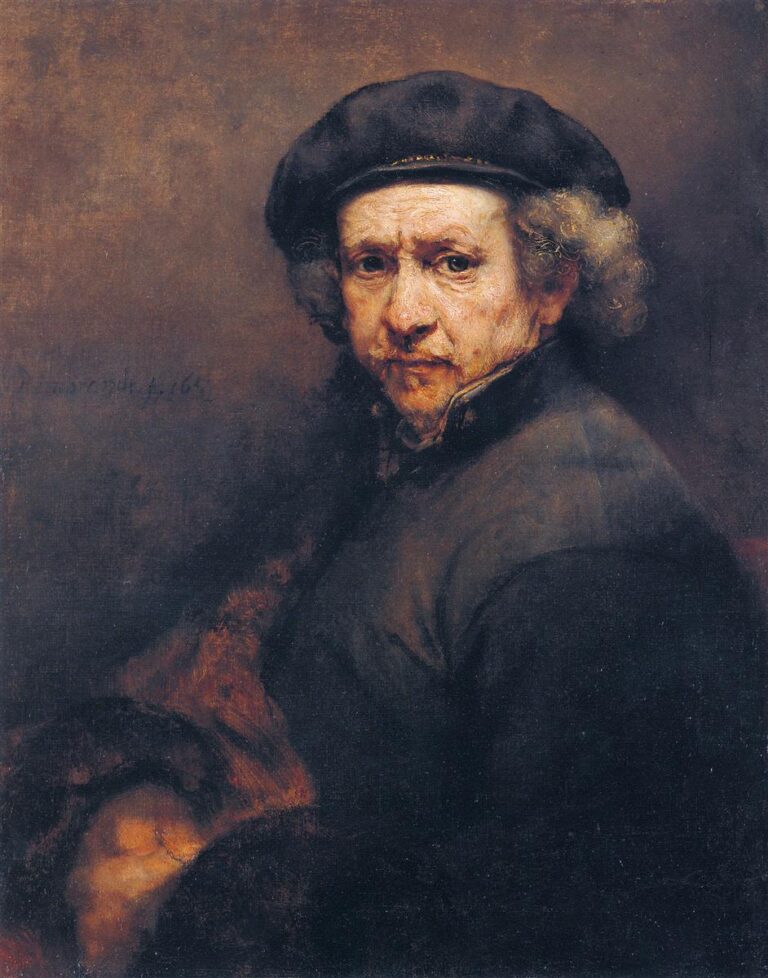 Rembrandt’s 1659 self-portrait showing the artist in a dark cap and cloak, face turned toward soft light, gray hair peeking beneath the cap, fur trim glowing at lower left, and a warm brown background that frames his steady, thoughtful gaze.