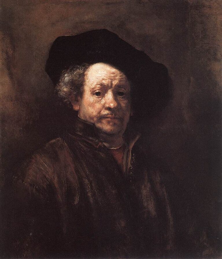 Rembrandt’s 1660 self-portrait showing the artist in a dark cap and brown garment, softly lit against a shadowed background, his weathered face rendered with rich, textured brushwork and a steady, contemplative gaze.
