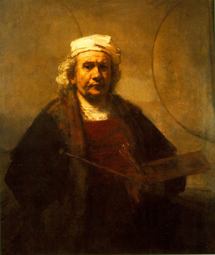 Rembrandt’s late self-portrait showing the artist frontally before a pale wall marked by two faint circles, wearing a white cap and dark studio mantle with a red bib, holding palette and brushes as warm light falls across his face.