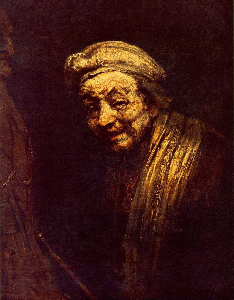 Rembrandt’s 1665 self-portrait showing the artist’s head in a white cap emerging from deep shadow, with warm highlights on his face and a streaked golden mantle descending into darkness, his expression a wry, thoughtful half-smile.
