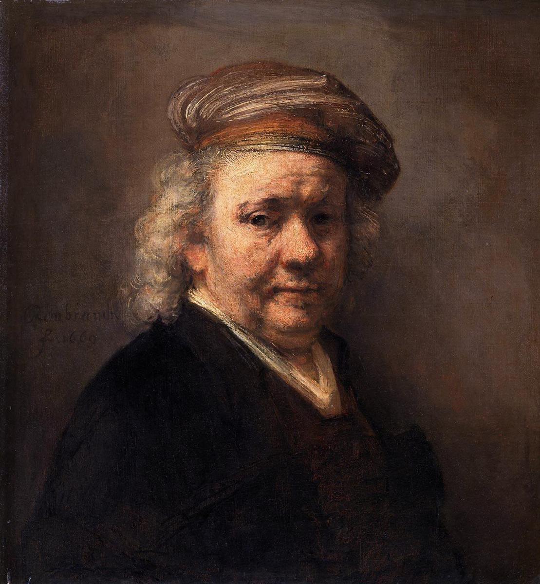 Rembrandt’s 1669 self-portrait showing the artist in a brown cap against a neutral background, his softly illuminated face turning toward the viewer while his dark coat recedes into warm shadow.