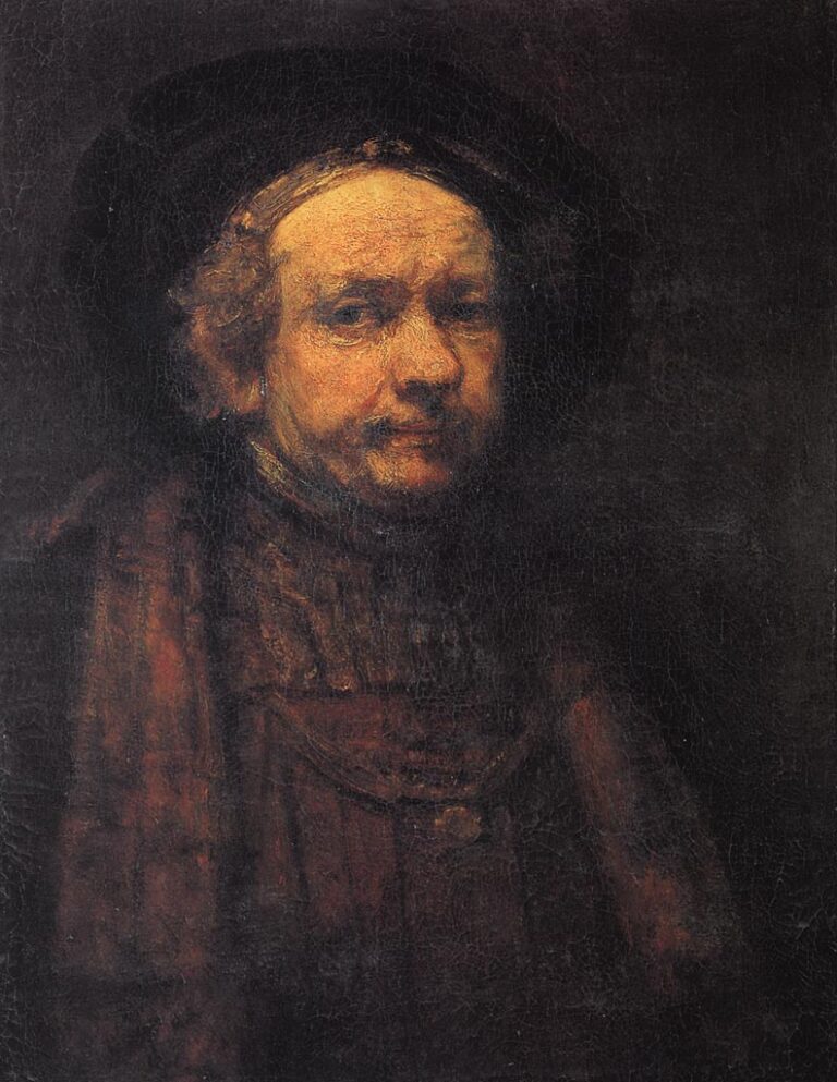Rembrandt’s 1669 self-portrait showing the artist in a dark cap, his gently lit face emerging from a deep brown background while the body and clothing dissolve into shadow, painted with thick, tactile strokes.