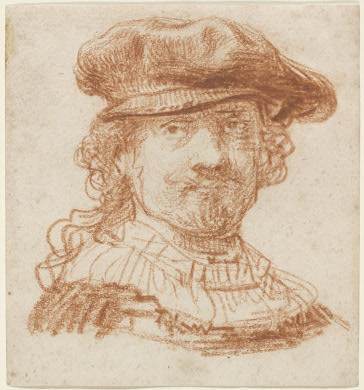 Small red-chalk drawing of Rembrandt in a beret and broad collar, bust-length and facing front; curls peek from under the brim, the mouth turns in a faint smile, and the blank background leaves the lively lines and highlights to carry the likeness.
