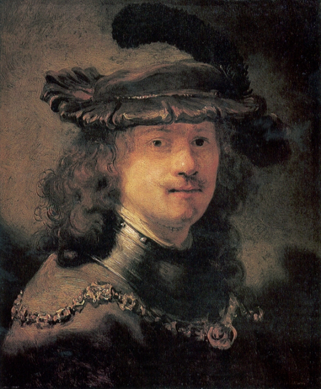 Rembrandt’s 1634 self-portrait showing the artist in a feathered cap and ornate chain over a metal gorget, his softly lit face turned three-quarters against a warm dark background with subtle highlights on hair and armor.