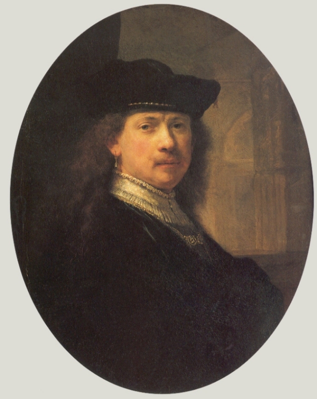 Oval self-portrait by Rembrandt, 1639: the artist wears a dark cap and velvet garment with a pale lace collar, turns slightly toward the viewer, and is softly lit from the left against a muted architectural background.