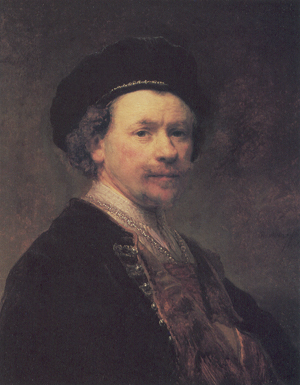 Half-length self-portrait by Rembrandt from 1640 showing the artist in a dark cap and elegant mantle with a warm tabard and clasp, turning toward soft light against an atmospheric background, his gaze steady and expression composed.