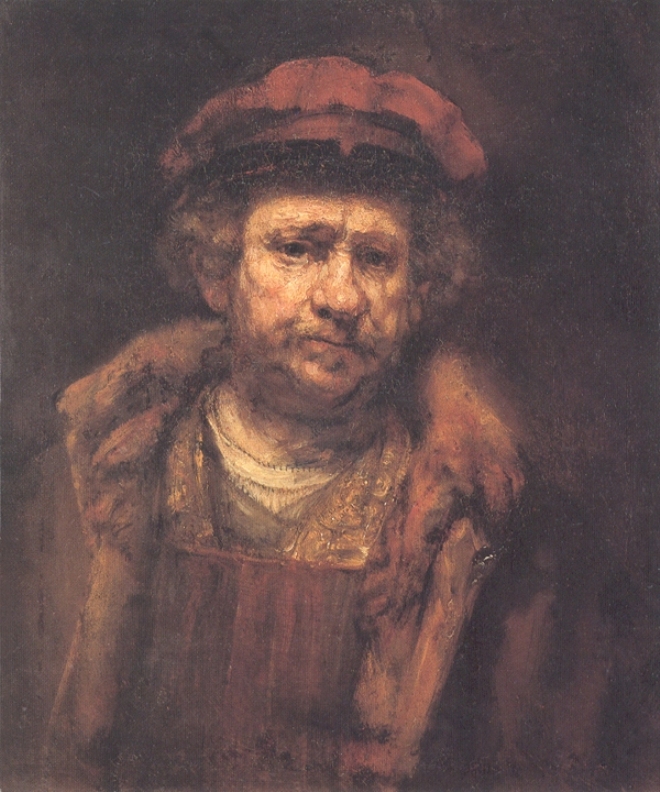 Half-length late Rembrandt self-portrait with red beret and fur-trimmed mantle, softly lit in warm browns; steady gaze, subdued expression, and textured brushwork against a dark, atmospheric background.