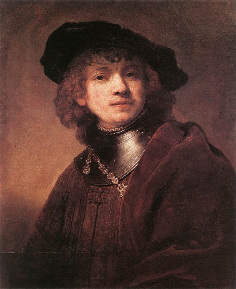 Bust-length self-portrait of a young Rembrandt in a black beret, burgundy cloak, and polished steel gorget with a gold chain, warmly lit against a brown background, painted in 1634.