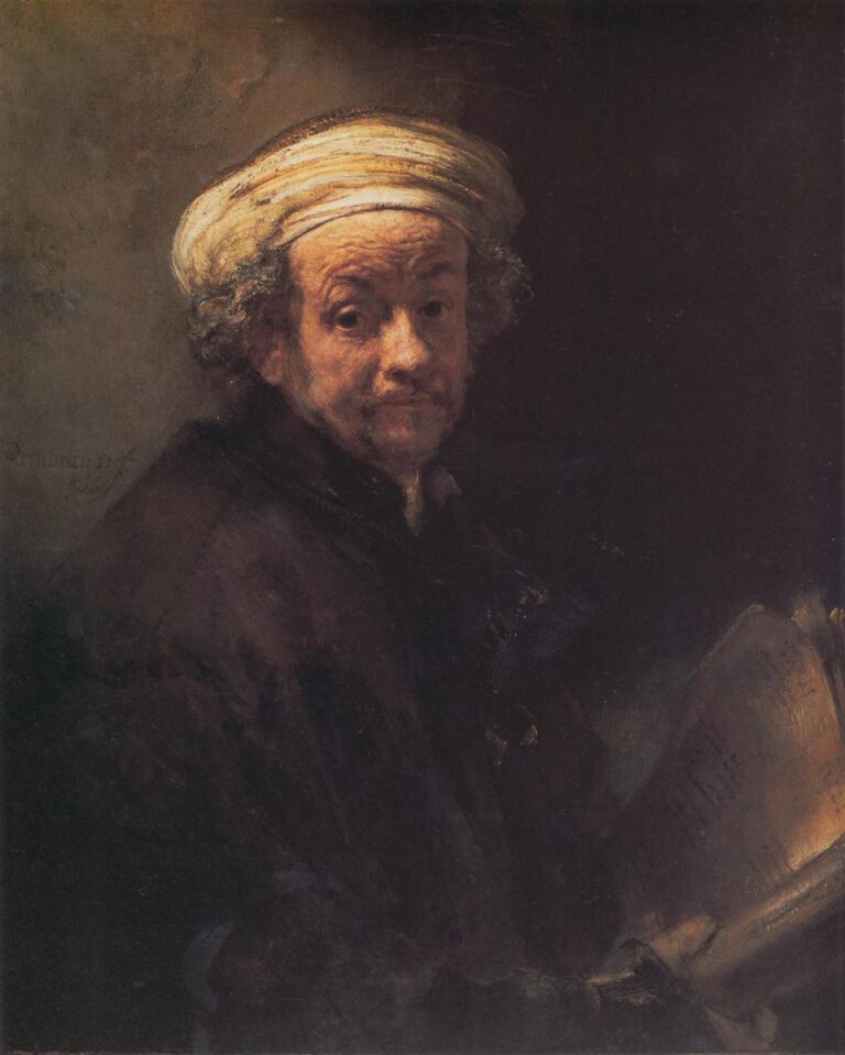 Late Rembrandt self-portrait wearing a white headcloth, gazing calmly while holding a large illuminated book; warm earth tones, gentle chiaroscuro, and textured brushwork set against a dark, atmospheric background.