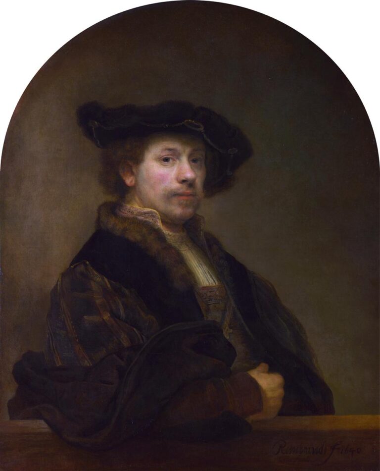 Half-length self-portrait by Rembrandt in a dark fur-trimmed mantle and soft cap, resting one hand on a stone ledge, head turned toward the viewer in warm light against an arched brown background.