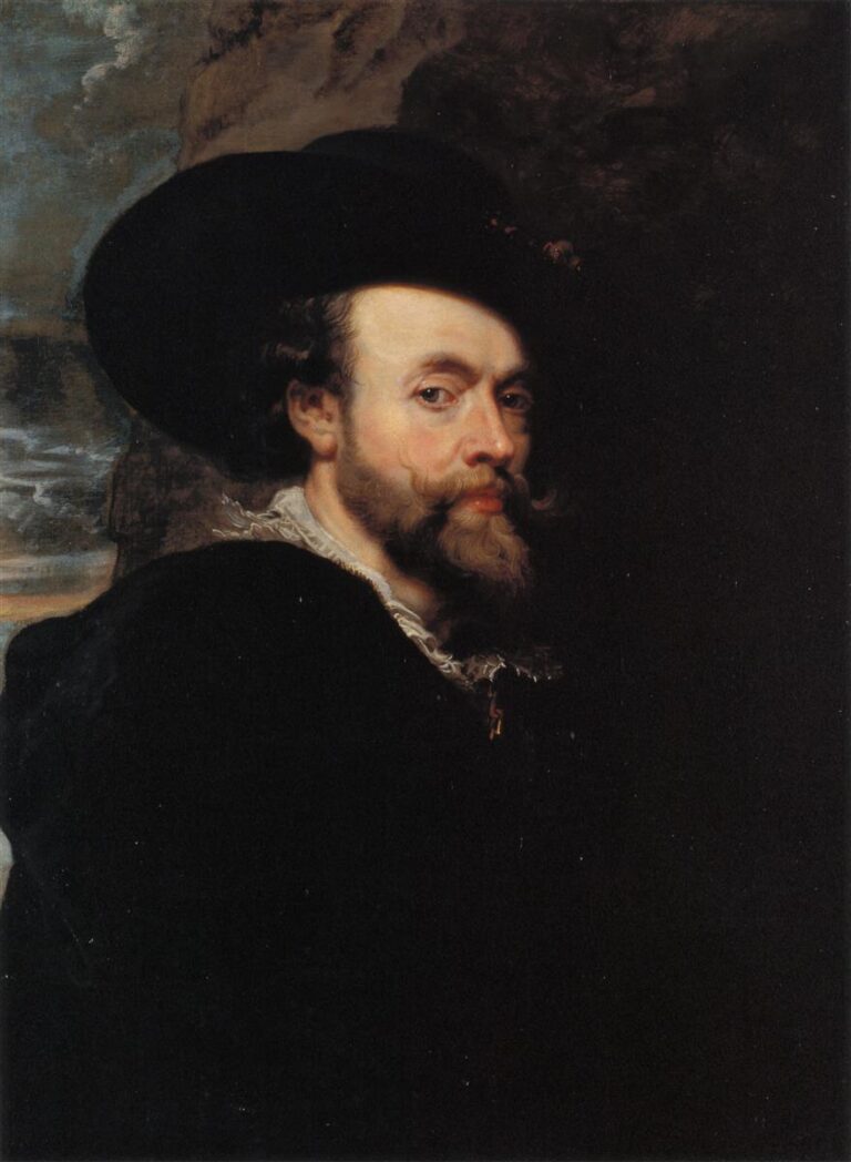 Three-quarter bust self-portrait of Peter Paul Rubens wearing a wide black hat and black cloak, turning toward the light with a lace collar visible, set against a dark background with a sliver of sky and rock at left.
