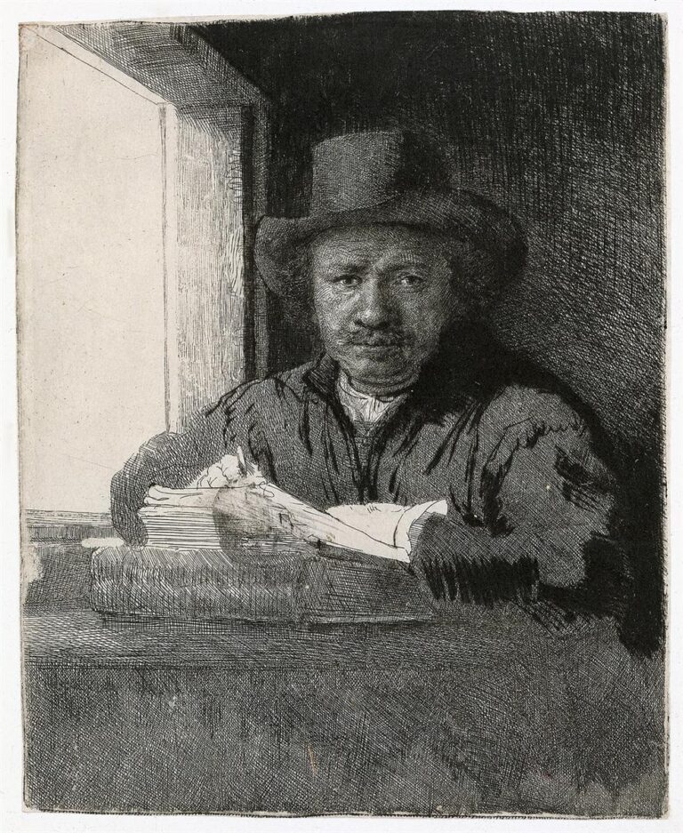 Etching of Rembrandt seated at a window, wearing a broad hat, hands poised over a sheet atop stacked books, his face and paper lit by the left-hand window while the rest of the studio dissolves into rich cross-hatched shadow.