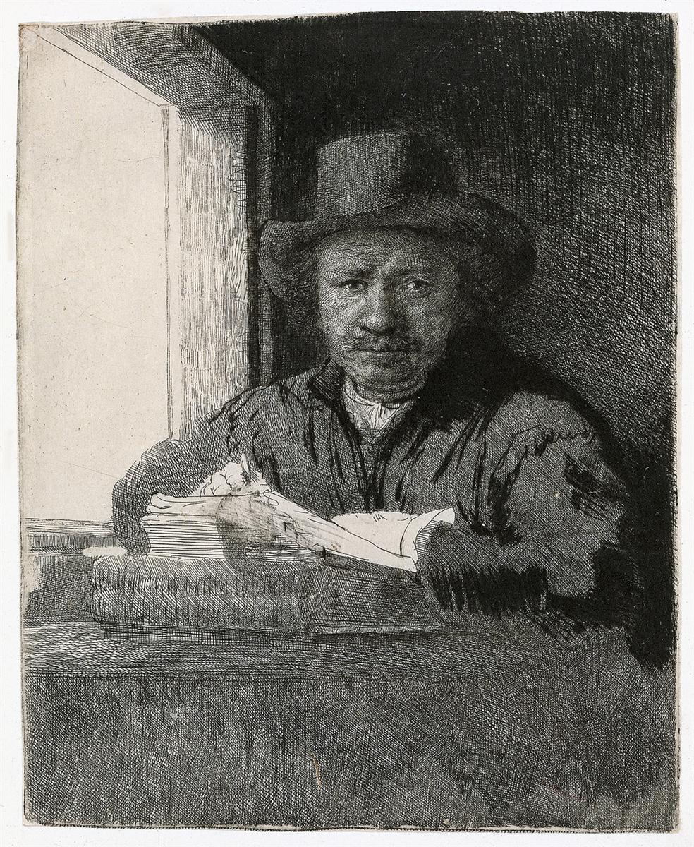 Etching of Rembrandt seated at a window, wearing a broad hat, hands poised over a sheet atop stacked books, his face and paper lit by the left-hand window while the rest of the studio dissolves into rich cross-hatched shadow.