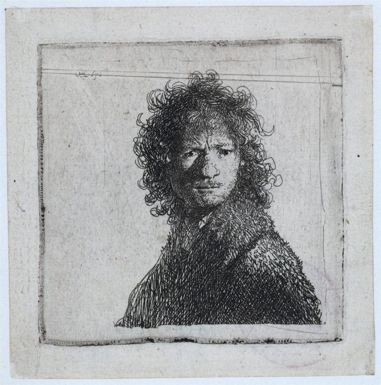 Small etching of a young Rembrandt shown three-quarters left, curly hair haloing a tense face; brows knit, lips compressed, and the head turns toward light above a dark fur collar against a largely blank background.
