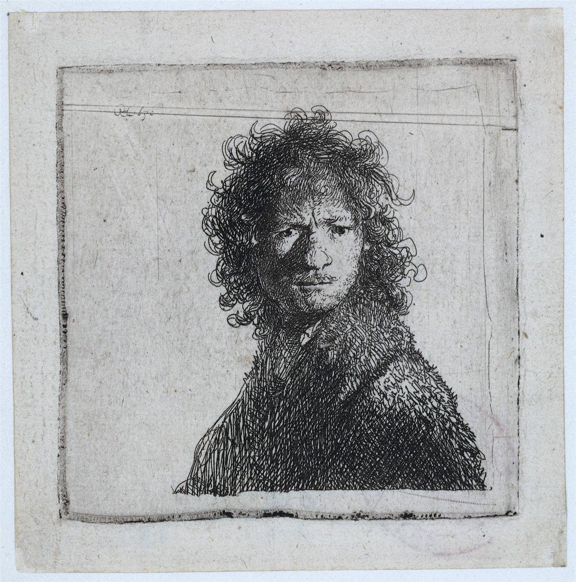 Small etching of a young Rembrandt shown three-quarters left, curly hair haloing a tense face; brows knit, lips compressed, and the head turns toward light above a dark fur collar against a largely blank background.