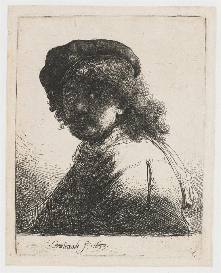 Etched self-portrait of Rembrandt in a soft cap and neck scarf, head turned three-quarters with eyes in deep shadow, curly hair and hat rendered in dense hatching against a light paper field.