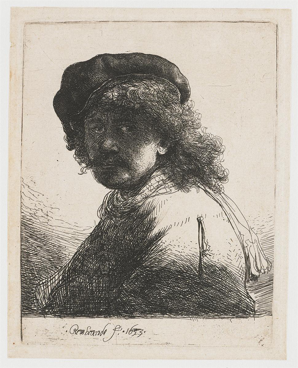 Etched self-portrait of Rembrandt in a soft cap and neck scarf, head turned three-quarters with eyes in deep shadow, curly hair and hat rendered in dense hatching against a light paper field.