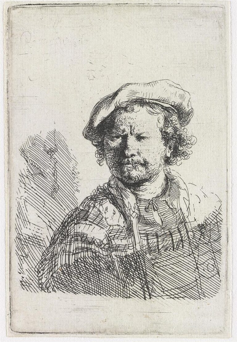Rembrandt’s 1642 etched self-portrait shows him in a soft flat cap and patterned garment, turning three-quarters with a furrowed brow and compressed mouth, the face modeled by spare cross-hatching against a wedge of background shadow.