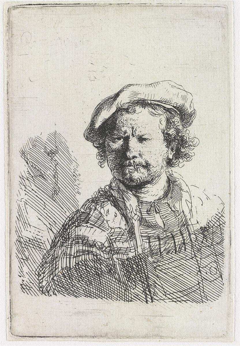 Rembrandt’s 1642 etched self-portrait shows him in a soft flat cap and patterned garment, turning three-quarters with a furrowed brow and compressed mouth, the face modeled by spare cross-hatching against a wedge of background shadow.