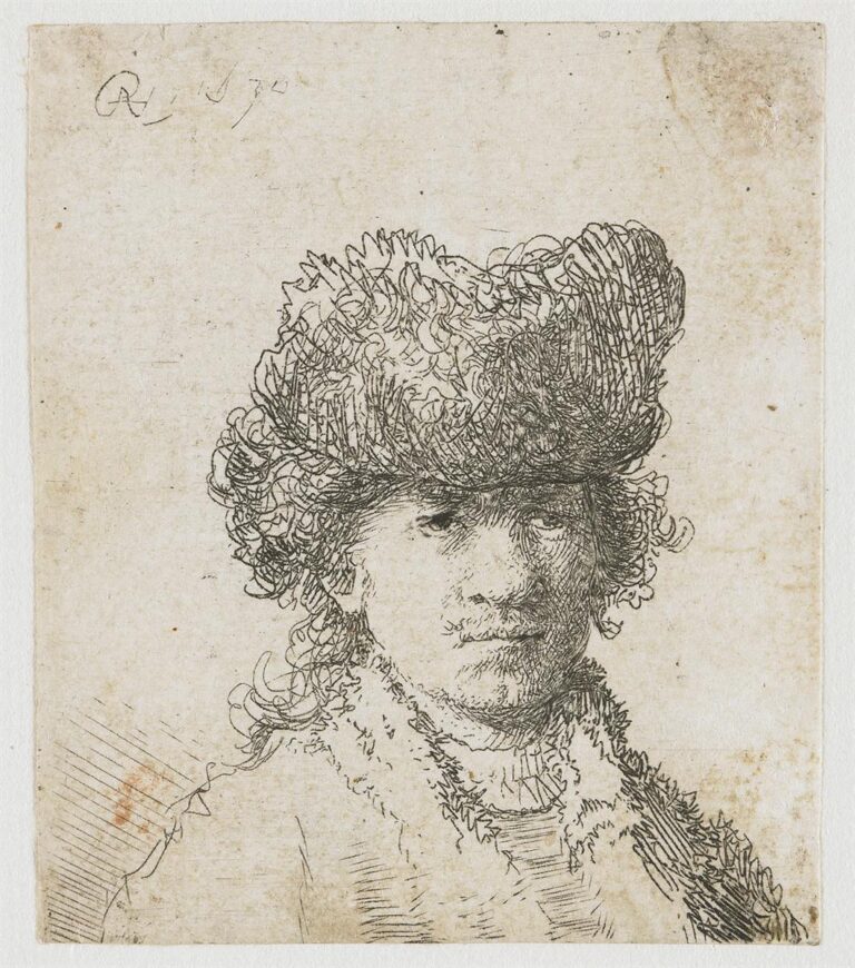 Small etching of a young Rembrandt in a large fur cap and pelted collar, seen bust-length with a calm, reserved gaze; crisp lines render curls and fur while untouched paper provides bright light against a plain background.