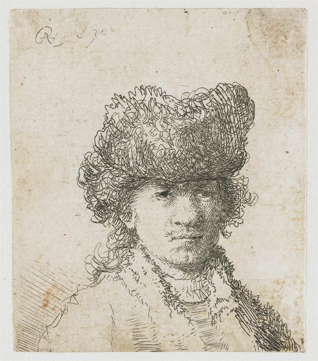 Small etching of a young Rembrandt in a large fur cap and pelted collar, seen bust-length with a calm, reserved gaze; crisp lines render curls and fur while untouched paper provides bright light against a plain background.