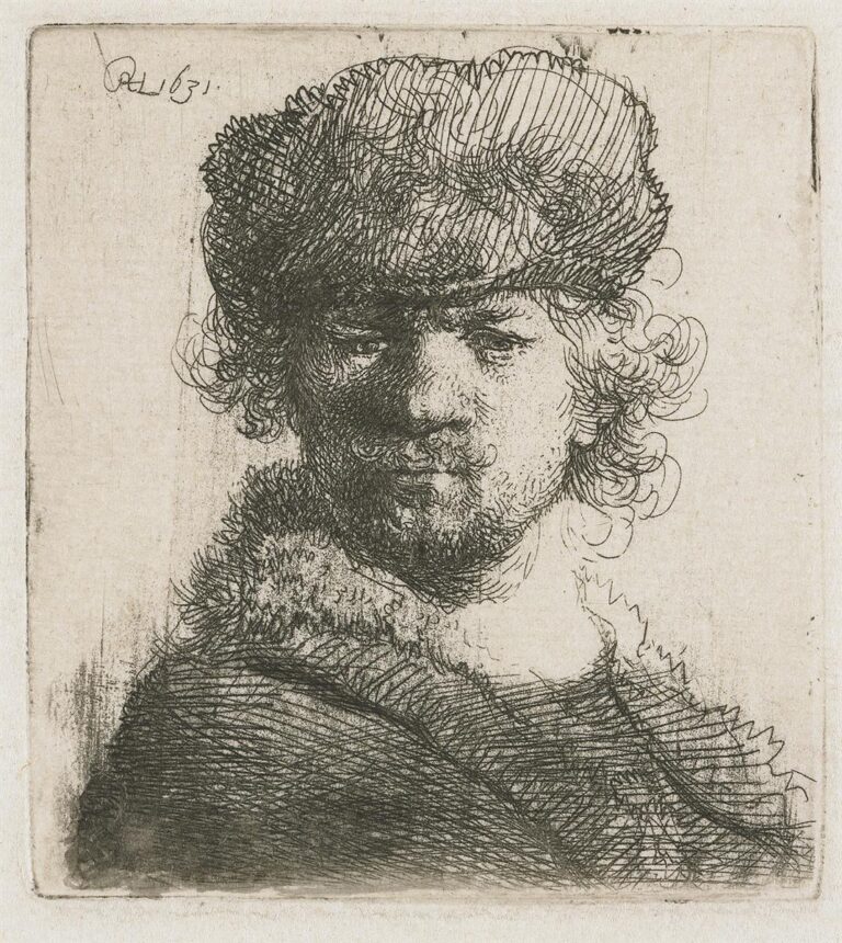Rembrandt’s 1631 etched self-portrait showing his head and shoulders in a heavy fur cap, face turned three-quarters, with lively hatchings modeling skin, cap, and fur collar against an open background.
