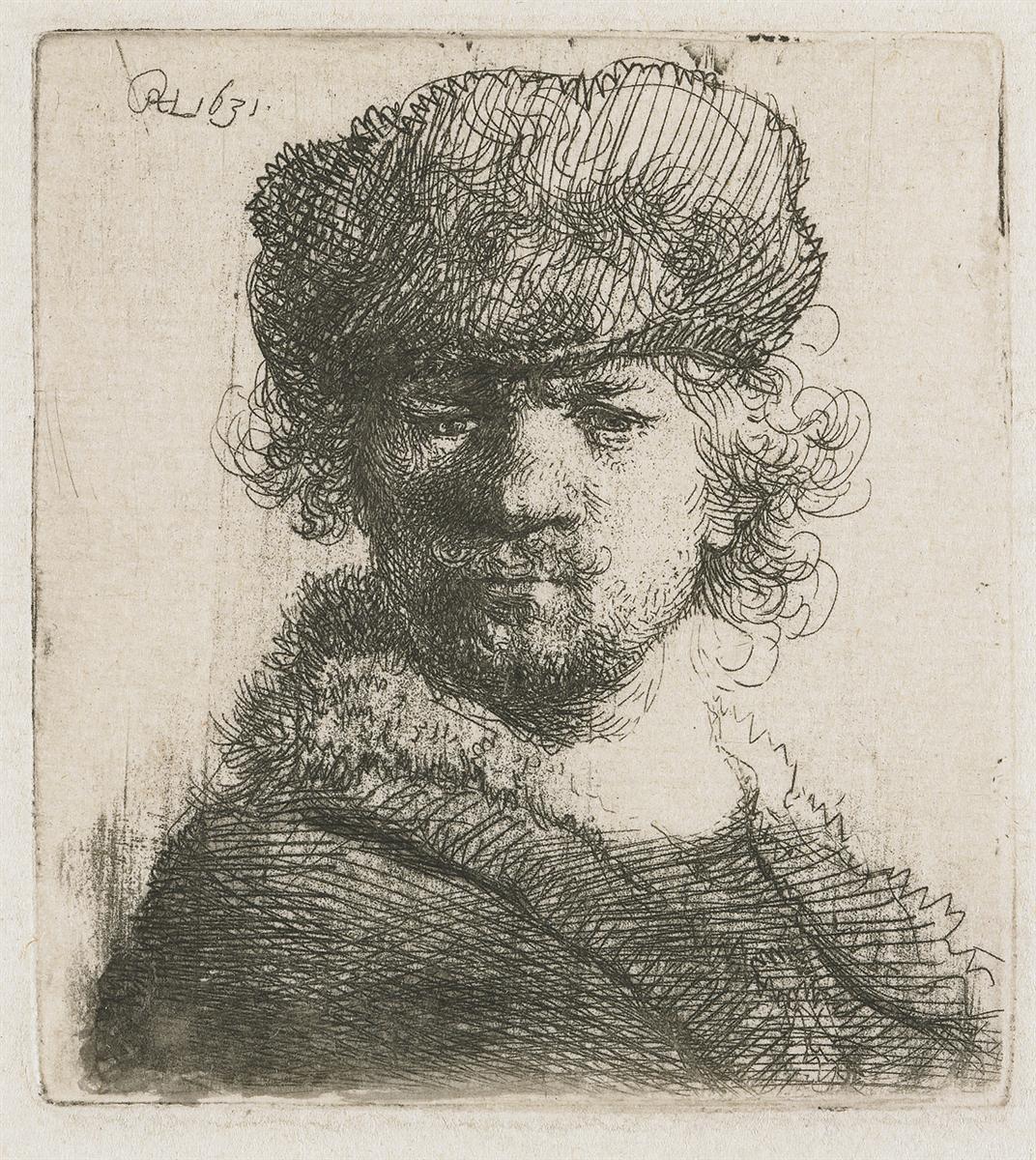 Rembrandt’s 1631 etched self-portrait showing his head and shoulders in a heavy fur cap, face turned three-quarters, with lively hatchings modeling skin, cap, and fur collar against an open background.