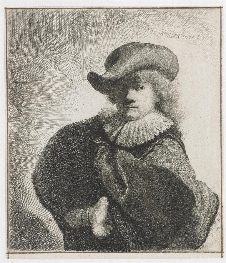 Etched self-portrait of young Rembrandt wearing a soft, wide-brimmed hat, crisp ruff, and richly patterned cloak; his gloved hand emerges from the dark fabric while radiating hatch marks halo his head against a pale background.