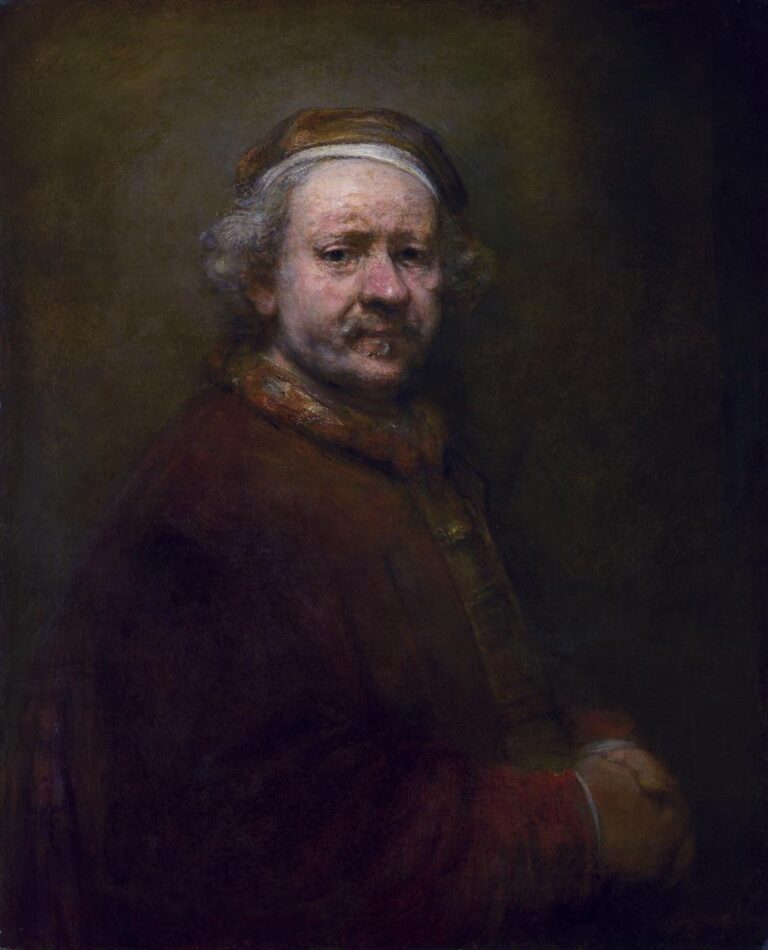 Rembrandt’s 1669 self-portrait showing the artist in a brown cap and robe against a soft olive-brown background, his face warmly lit and his hands loosely clasped at the lower right, painted with thick, sensitive strokes.