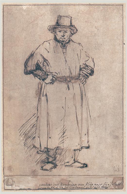 Pen-and-wash drawing of Rembrandt standing frontally in a belted studio robe and cap, hands on hips and feet planted wide, outlined with spare strokes on toned paper, conveying the artist’s practical workwear and resolute stance.