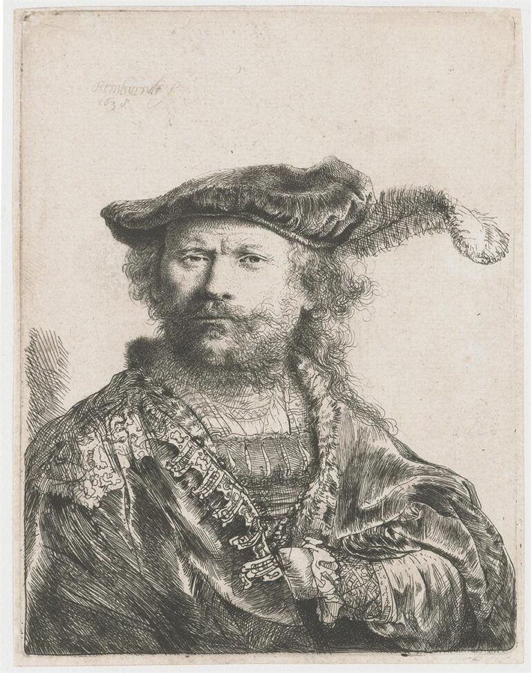 Etched self-portrait of Rembrandt in three-quarter view wearing a soft velvet beret with a long feather and an ornate fur-trimmed coat; his curly hair frames a steady, thoughtful gaze while rich hatching renders satin, fur, and feather against a mostly blank background.