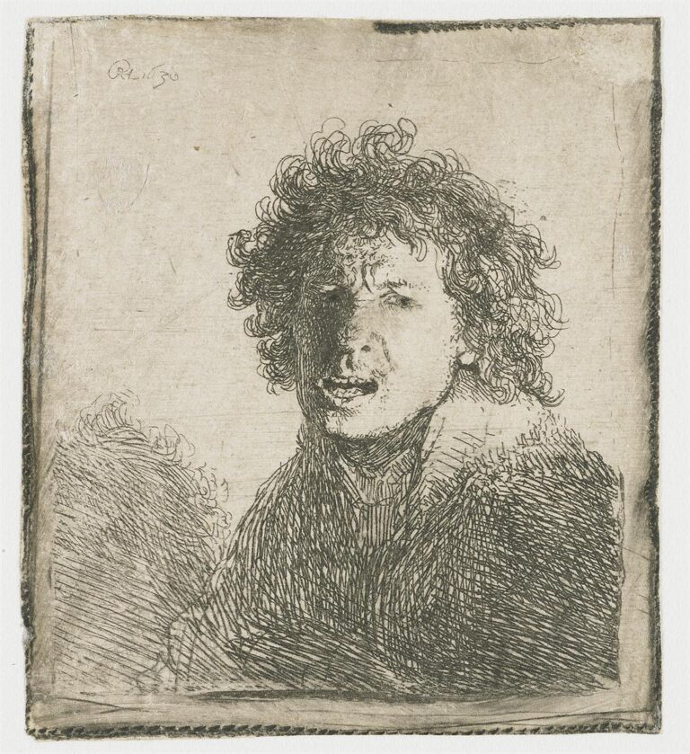 Small etching of a young Rembrandt with curly hair and fur collar, head turned as his mouth opens to speak; one side of the face lies in deep shadow while the other gleams against a largely blank background.