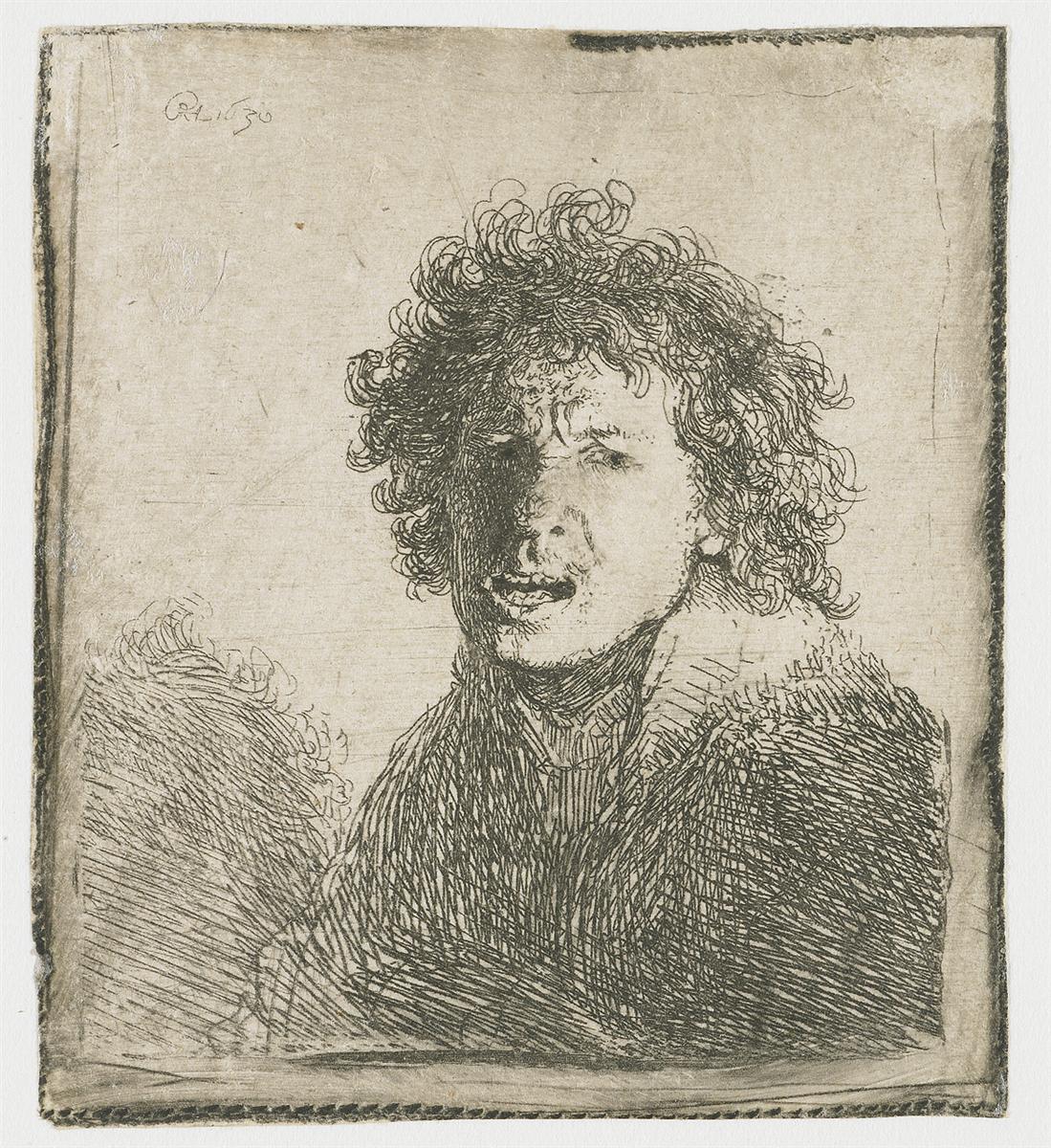 Small etching of a young Rembrandt with curly hair and fur collar, head turned as his mouth opens to speak; one side of the face lies in deep shadow while the other gleams against a largely blank background.