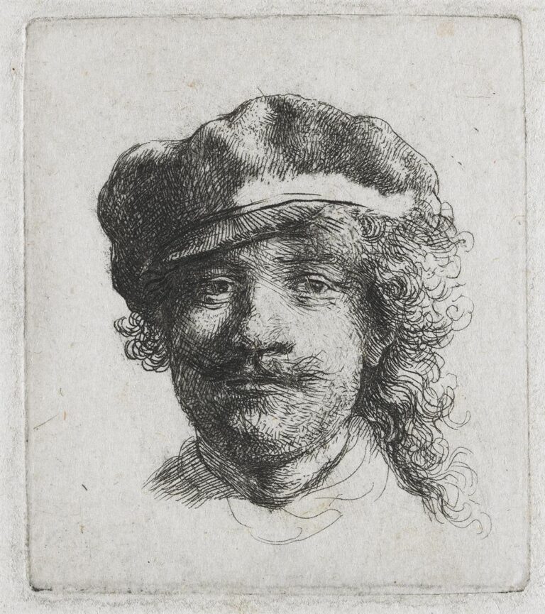 Small etched self-portrait of Rembrandt from 1634 showing his head frontally with a soft cap, loose curls, mustache, and calm gaze, modeled by fine hatching against a plain background.