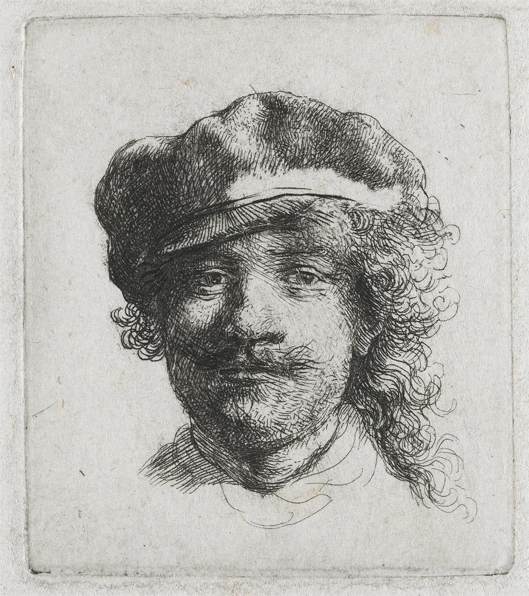Small etched self-portrait of Rembrandt from 1634 showing his head frontally with a soft cap, loose curls, mustache, and calm gaze, modeled by fine hatching against a plain background.
