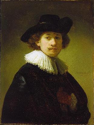 A young Rembrandt in a broad black hat and white ruff turns toward the viewer from a warm, shadowed background; his face is softly lit, with delicate mustache and auburn curls visible beneath the brim.